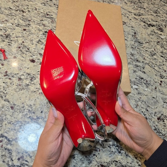 NEW Christian Louboutin Posticha 80mm Metallic Leather Slingback Size 37 - Picture 13 of 15